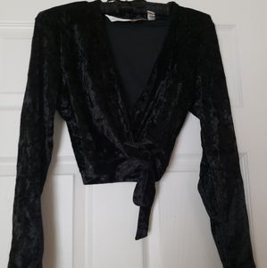 Black velvet look long sleeve cross tie front top